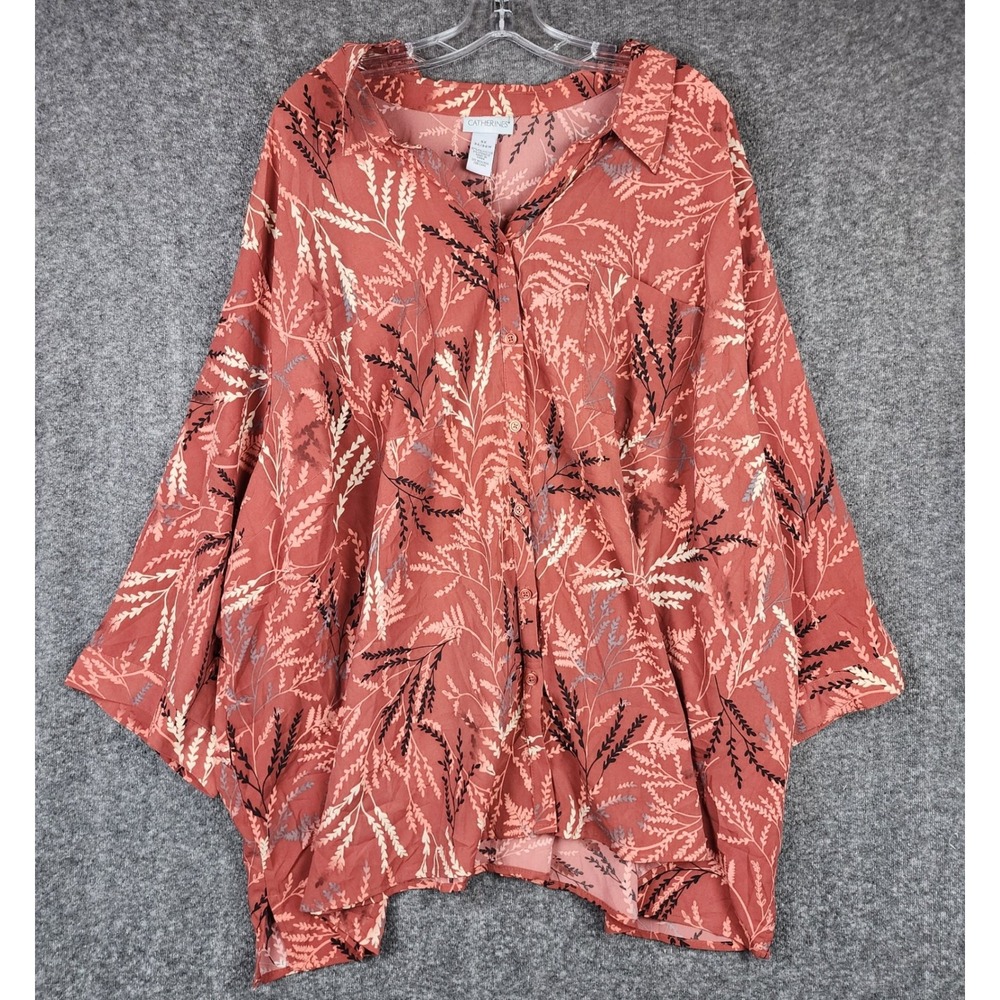 Catherines Button Front Blouse Womens 5X Terracotta Botanical Wheat Print NWT